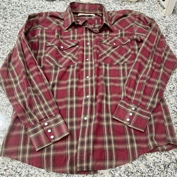 Bit & Bridle Other - Bit & Bridle Mens Sz L  burgundy/cream plaid western Pearl Snap Long Sleeve Top